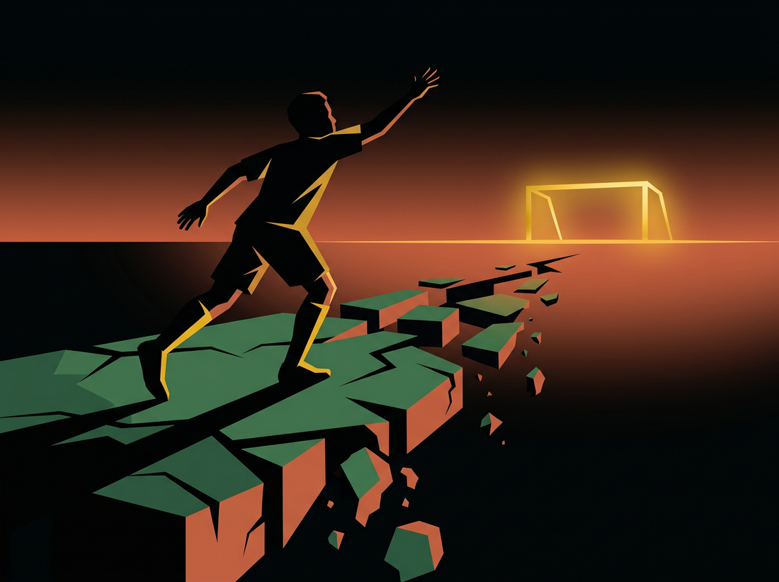 Illustration DAÖMEY MAGAZINE : silhouette de jeune footballeur tendant la main vers un but doré, sol fissuré en fragments géométriques