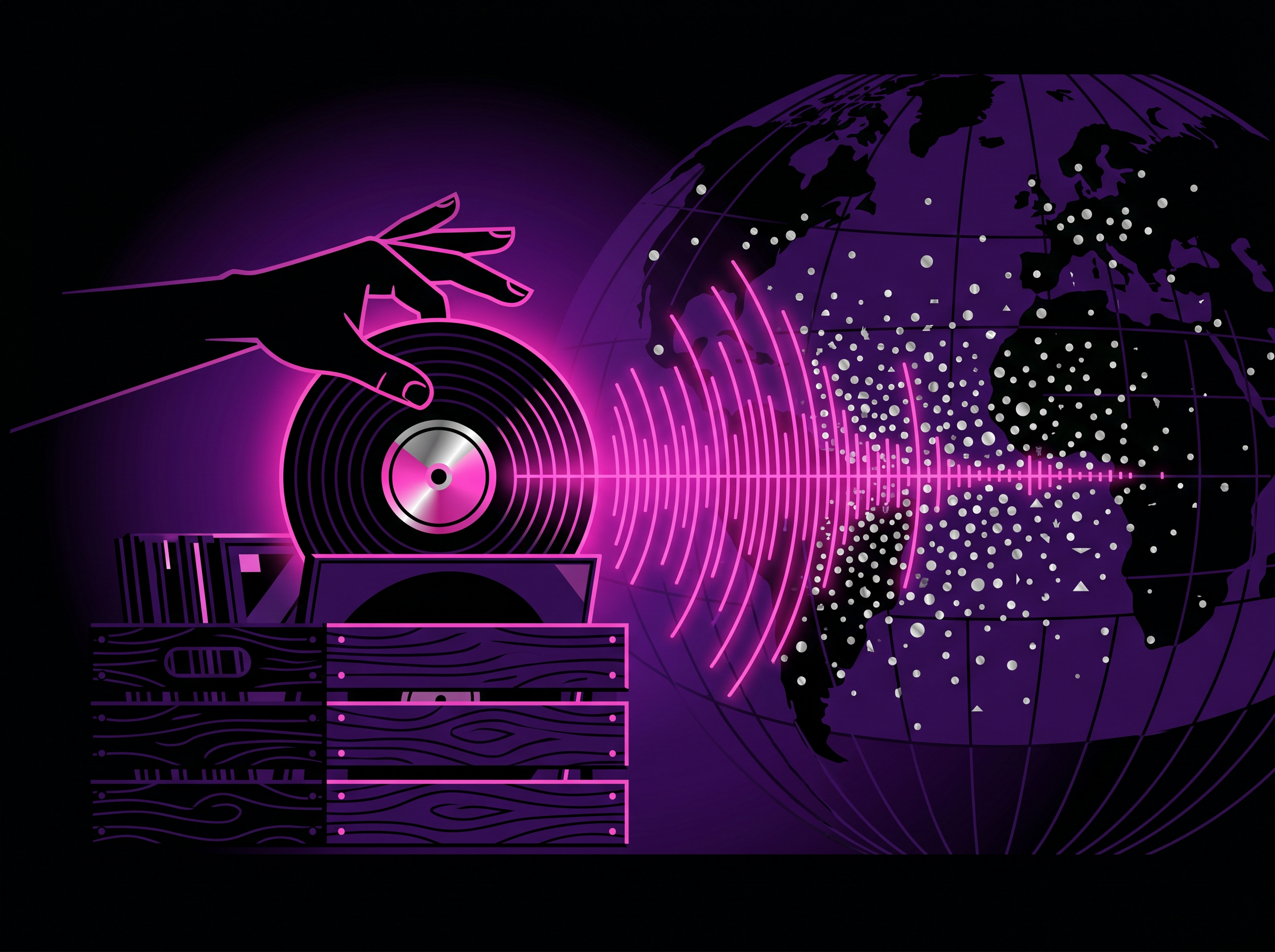 Illustration DAÖMEY MAGAZINE : main soulevant un vinyle, onde sonore néon se dispersant en constellation à travers le monde